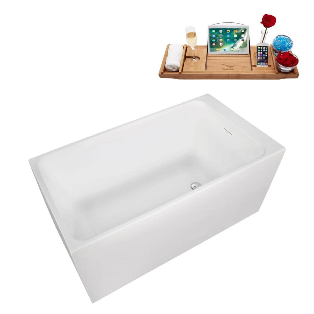 51" Glossy White Acrylic Freestanding Soaking Bathtub with Bamboo Tray