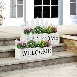 23 in. L White Washed Black Solid Wood WELCOME Fence-Inspired Planter Stands Kits and Accessories (2-Pack)
