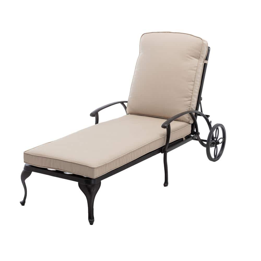 Beige Cushioned Cast Aluminum Chaise Lounge with Arms
