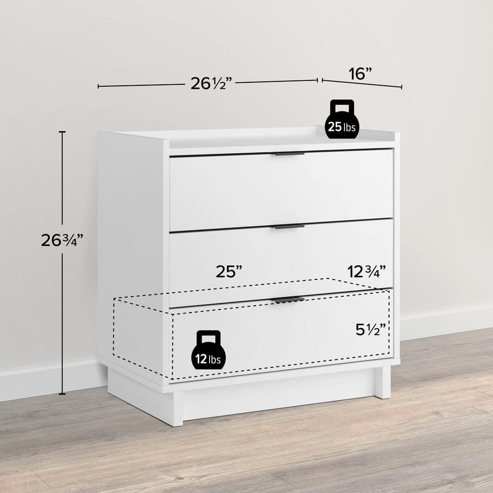 Simple White 3-Drawer Modern Nightstand with Black Handles