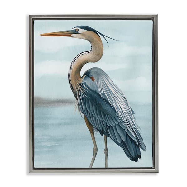 Heron Bird on Beach by Grace Popp Gray Floater Frame Graphic Art Print Animal 31 in. x 25 in.