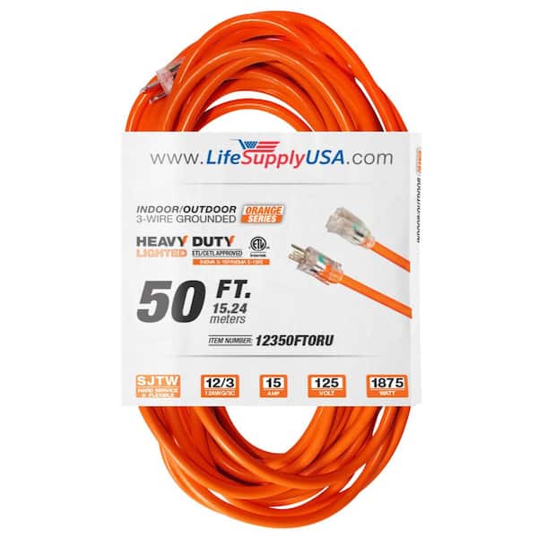LifeSupplyUSA 50 ft. 12-Gauge/3 Conductors SJTW Indoor/Outdoor Extension Cord with Lighted End Orange (1-Pack)