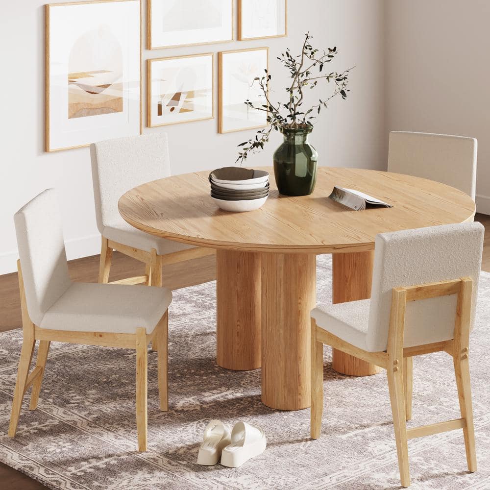 Cream Boucle Upholstered Side Chair with Warm Pine Frame