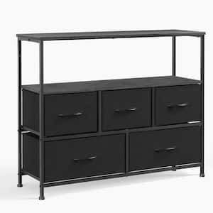 39 in. W x 12 in. D x 31 in. H Black Wood Freestanding Linen Cabinet 5 Drawer Dresser with Open Shelf and Adjust Feet