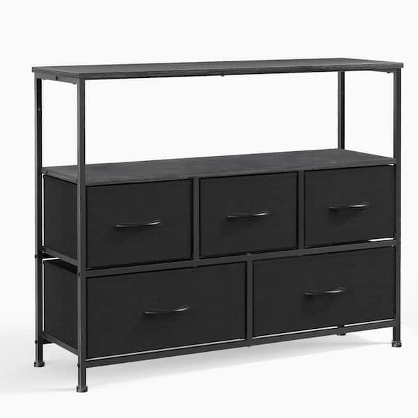 39 in. W x 12 in. D x 31 in. H Black Wood Freestanding Linen Cabinet 5 Drawer Dresser with Open Shelf and Adjust Feet