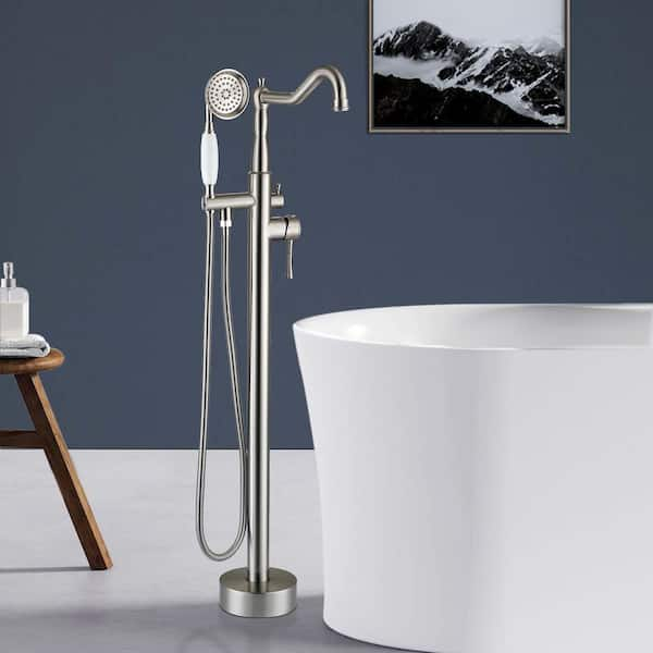 1-Handle Freestanding Floor Mount Tub Faucet Bathtub Filler with Hand Shower in Brushed Nickel