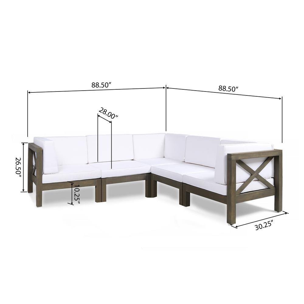 Noble House Brava Grey 5-Piece Wood Outdoor Sectional Set with White Cushions - 3