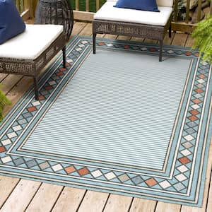 Sebastian Approximate Rug Size Blue/Ivory 4 ft. x 6 ft. High-Low Modern Diamond Border Indoor/Outdoor Area Rug