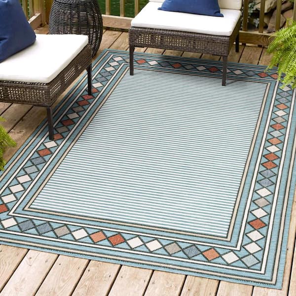 Sebastian Blue/Ivory 8 ft. x 10 ft. High-Low Modern Diamond Border Indoor/Outdoor Area Rug