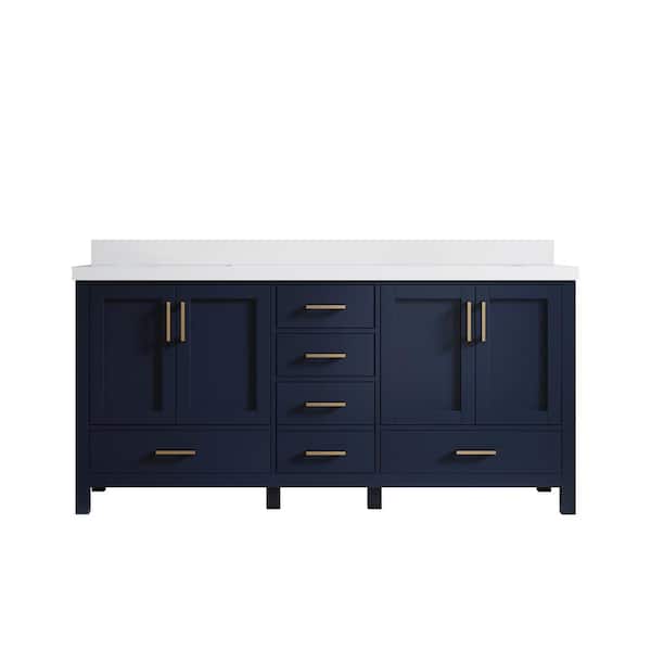 Willow Collections Malibu 72 in. W x 22 in. D x 36 in. H Double Sink Bath Vanity in Navy Blue with 2 in. White Quartz Top