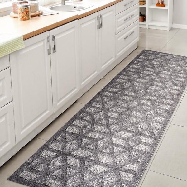 Talaia Dark Gray 2 ft. x 8 ft. Neutral Geometric Indoor/Outdoor Area Rug