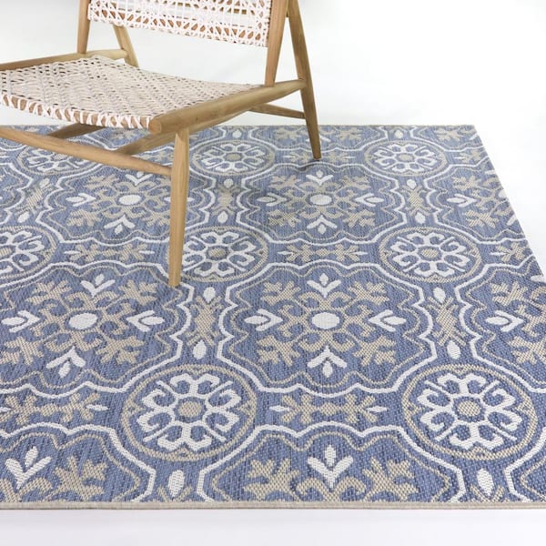 Blue 8 ft. x 10 ft. Neutral Tiles Indoor/Outdoor Area Rug