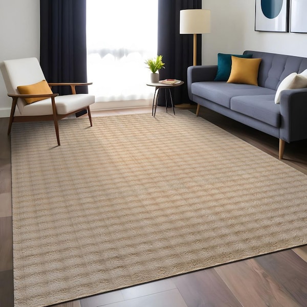 Aurora 8 ft. x 10 ft. Beige Non-Slip Rubber Back Washable Polyester Checker Indoor Area Rug