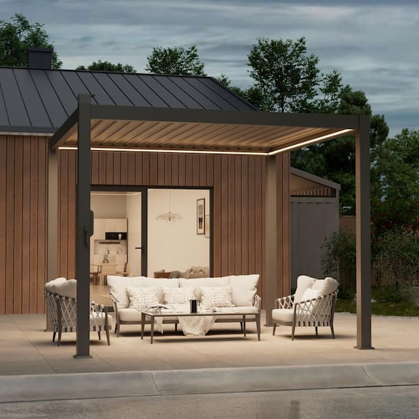 JOYESERY 10 ft. x 10 ft. Modern Aluminum Pergola with Adjustable Louvers, LED Lights and Solar Charging, Charcoal Gray