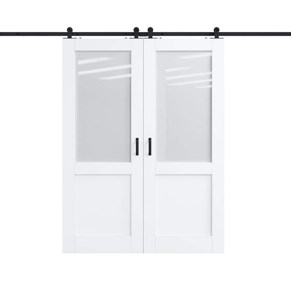 64 in. x 80 in. 1/2 Lite Frosted Glass White Primed MDF Top Mount Sliding Barn Door with Hardware Kit (T Shape Hanger) price history on PriceWatchPro