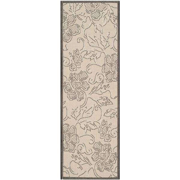 SAFAVIEH Courtyard Sand/Black 2 ft. x 7 ft. Floral Indoor/Outdoor Patio  Runner Rug