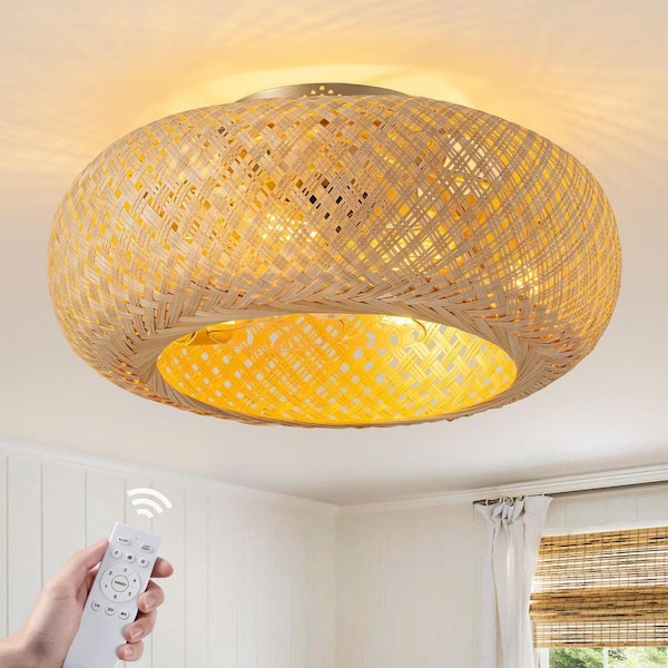 Bobo 20 in. Indoor Hand-Woven Bamboo Gold Drum Low Profile Ceiling Fan with Remote Included with Bulbs Not Included