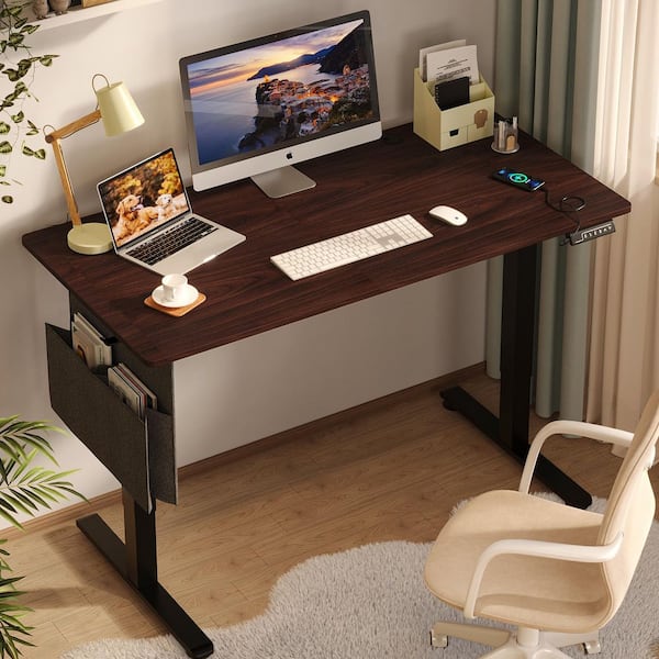 55.12 in. Rectangular Dark Walnut Wood Sit to Stand Desk with 3 Height Memory Presets and USB Port