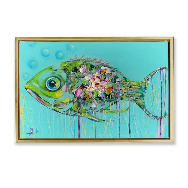 Painterly Drip Fish by Estelle Grengs Gold Floater Frame Coastal Graphic Art Print 17 in. x 25 in.