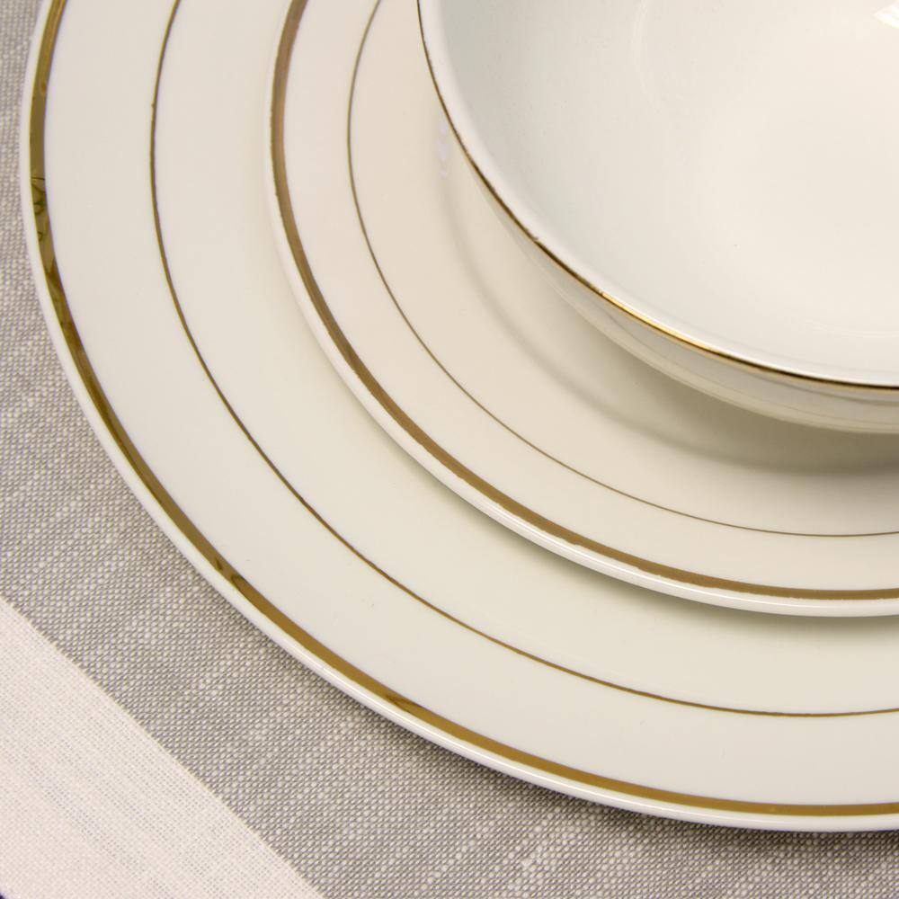 White and Gold Banded Ceramic Dinnerware Set, Service for 4