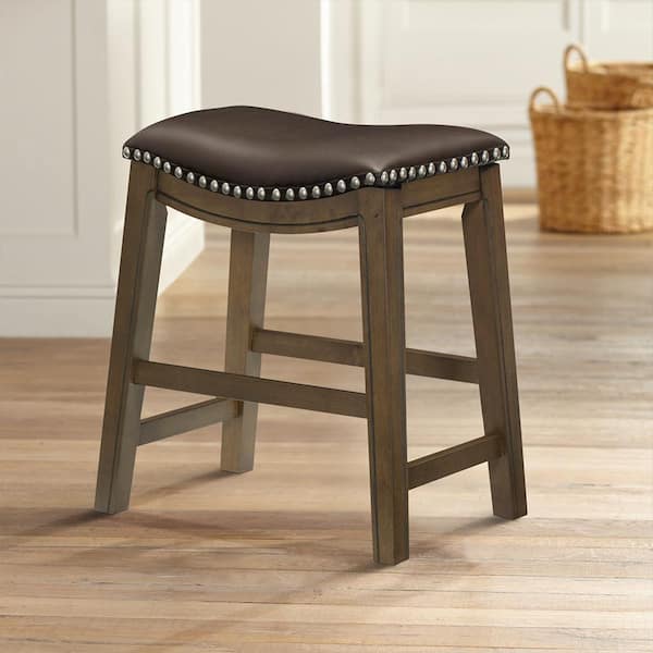 Pecos 19 in. Brown Wood Dining Stool with Brown Faux Leather Seat