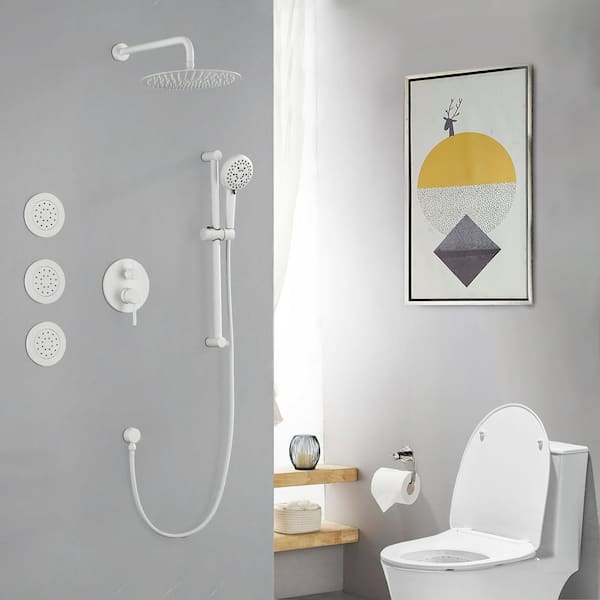 12 in. 2-Handle 3-Spray Wall Mount Pressure Balance Round Rainfall Shower System with Rough-In Valve in White