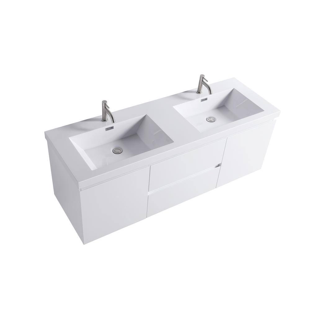 60" White Double Sink Floating Vanity with Resin Top