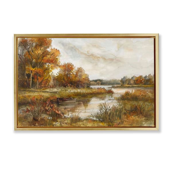 Stupell Industries Fall Scenic River Boat by LSR Design Studio Gold Floater Frame Nature Graphic Art Print 17 in. x 25 in.