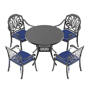 Elizabeth Black 5-Piece Cast Aluminum Outdoor Dining Set with 39.37 in. Round Table and Random Color Seat Cushions