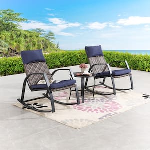 3-Piece Wicker Patio Rocking Chairs Set with BlueCushions