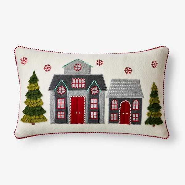 The Company Store Embroidered Applique Ivory Homes Lumbar Throw Pillow Cover