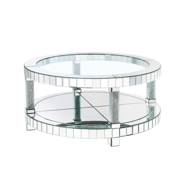 HomeRoots Amelia 40 in. Mirrored, Faux Diamonds Round Glass Coffee Table with Shelves, Mirrored