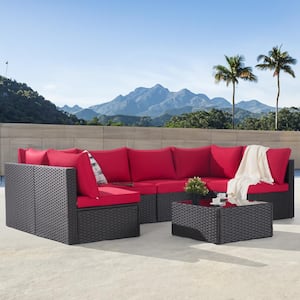7-Piece Brown Wicker Patio Conversation Sofa Set - Outdoor Sectional Seating Set