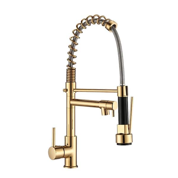 Pdpbath Single Handle in Gold 18.8 in. H Pull Down Sprayer Kitchen Faucet with 360° Spout Swivel Type