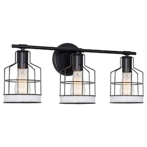 Halstead 23 in. 3-Lights Black with White Ash Wood Style Farmhouse Bathroom Vanity Light
