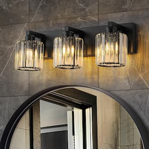 Orillia 19.7 in. 3-Light Black Bathroom Vanity Light with Crystal Round Shades