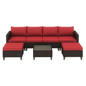 7-Piece Wicker Outdoor Chaise Lounge with Red Cushions