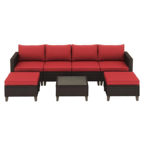 Zeus & Ruta 7-Piece Wicker Outdoor Chaise Lounge with Red Cushions