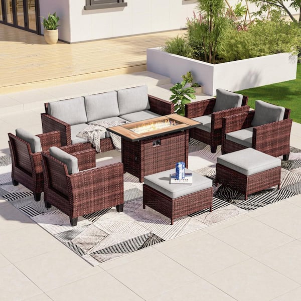 8-Pieces Patio Conversation Set with Rectangle Fire Pit Table and Ottomans, Brown Wicker Sofa with Linen Gray Cushion