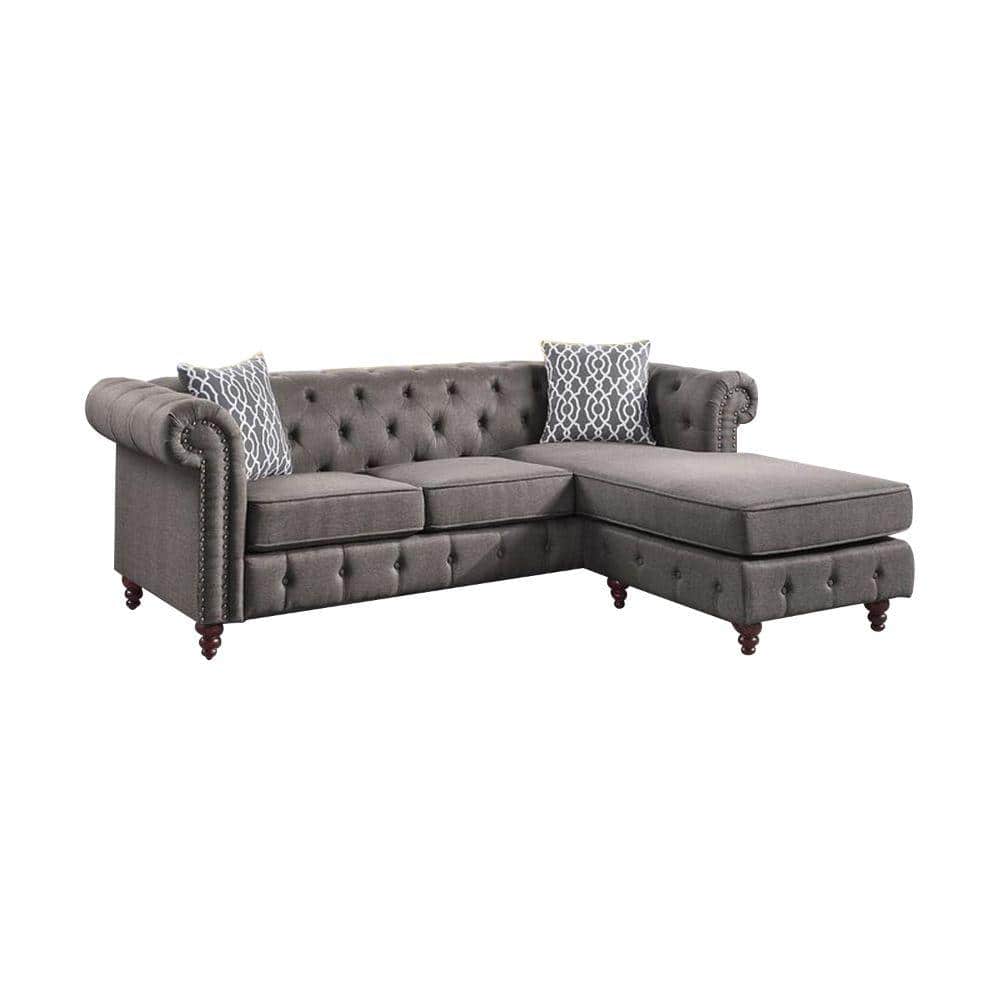 Benjara 90 in. Rolled Arm 1-Piece Fabric L Shaped Sectional Sofa in Gray with Button Tufting -  BM251169