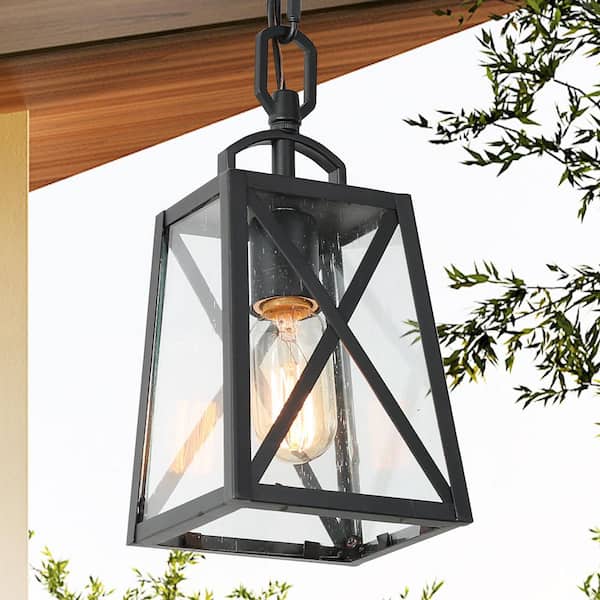 LNC Black Outdoor Hanging Light Mini 1-Light Farmhouse Hanging Lantern Outdoor Pendant for Patio/Porch with Seedy Glass