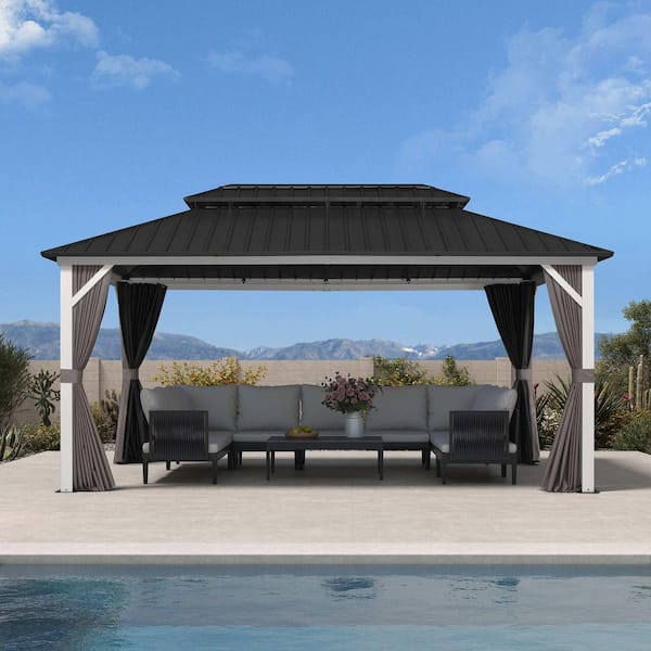 10 ft. x 16 ft. White Aluminum Hardtop Gazebo Canopy with Galvanized Steel Double Roof, Curtains and Netting