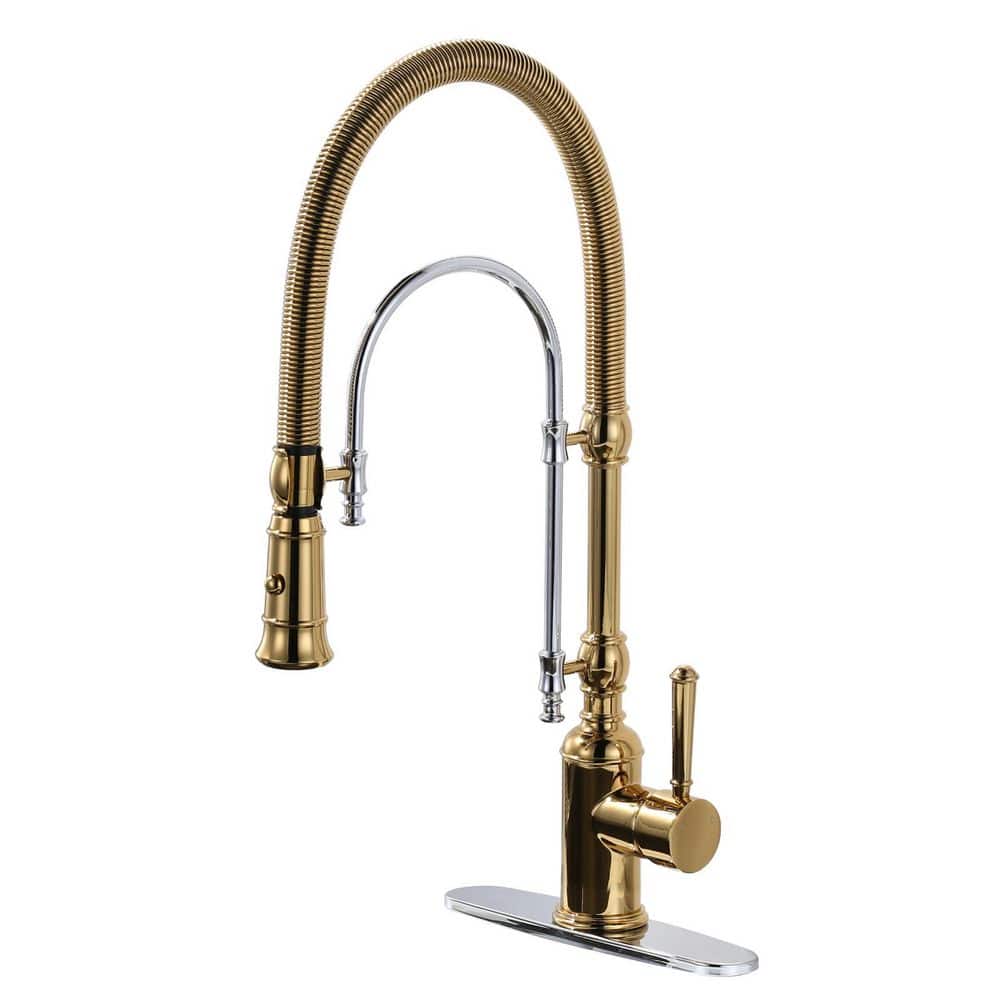 Single-Handle Deck-Mount Semi-Commercial Spring Pull-Down Sprayer Kitchen Faucet with Deck Plate in Gold and Chrome price history on PriceWatchPro