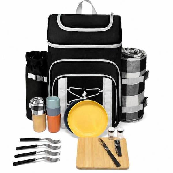 Dark Gray Nylon Picnic Basket Backpack for 4 Person with Blanket, Leakproof Insulated Cooler, Wine Holder and Cutlery