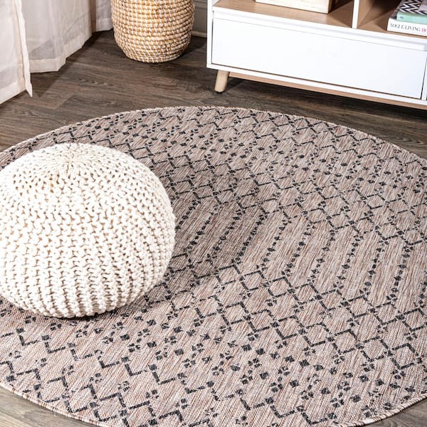 JONATHAN Y Ourika Moroccan Geometric Textured Weave Natural/Black 4 ft. Round Indoor/Outdoor Area Rug