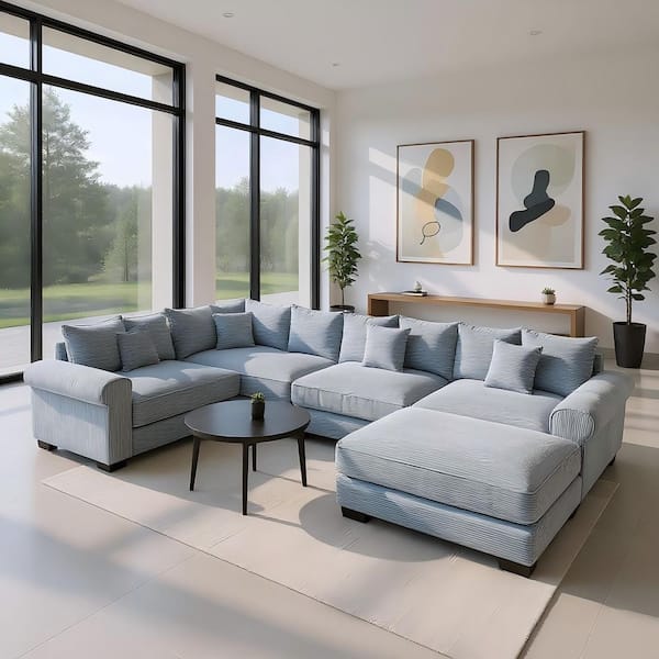 YSYJST 154.6 in. Straight Arm 6-Piece Corduroy Modular Sectional Sofa with Ottoman and Ergonomic Design in Denim Blue