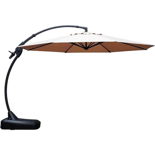 Yangming Outdoor 11 ft. Luxurious Cantilever Tilt Patio Umbrella in Champagne With Base for Deck Pool