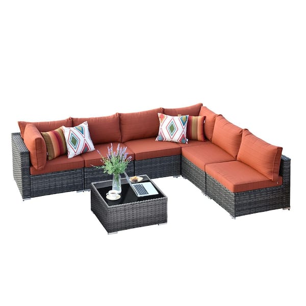 Messi Gray 7-Piece Wicker Outdoor Patio Conversation Sectional Sofa Set with Orange Red Cushions
