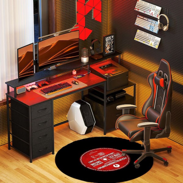 HOMCOM 66.9 in. Rectangular Black Computer Desk with 5 Drawers, Elevated Shelve and USB Charging Station