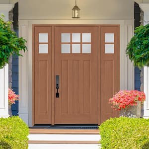 Regency 64 in. x 80 in. 6-Lite Top Lite Clear Glass RHIS Wheat Mahogany Fiberglass Prehung Front Door 12 in. Side Lites